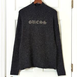 Guess Y2K Vintage Gothic Script Marled Knit Wool Blend Mock Neck Sweater Gray M